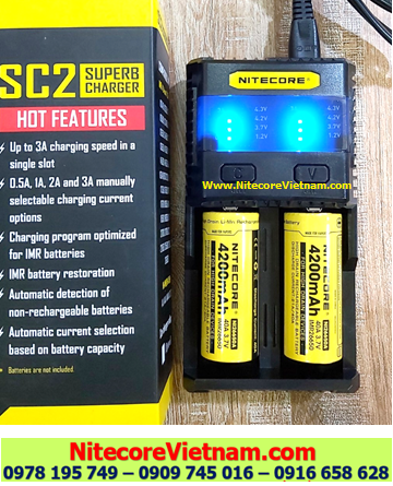 Nitecore SC2 (Bộ sạc Nitecore SC2 kèm sẳn 02 pin SẠC NITECORE IMR26650A 4200mAh dòng xả 40A  lithium 3.7v) chính hãng